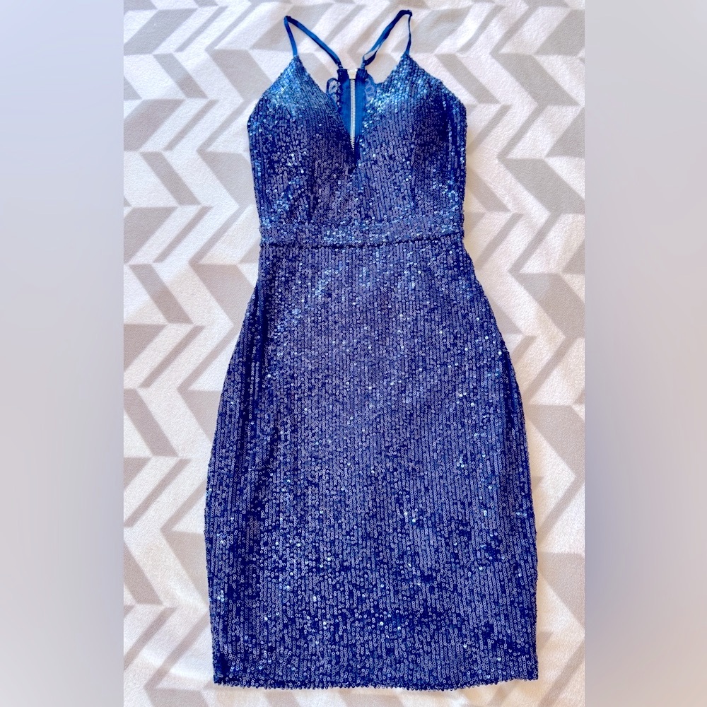 Dillards Sequin and Lace Navy Blue Mini Dress Size S